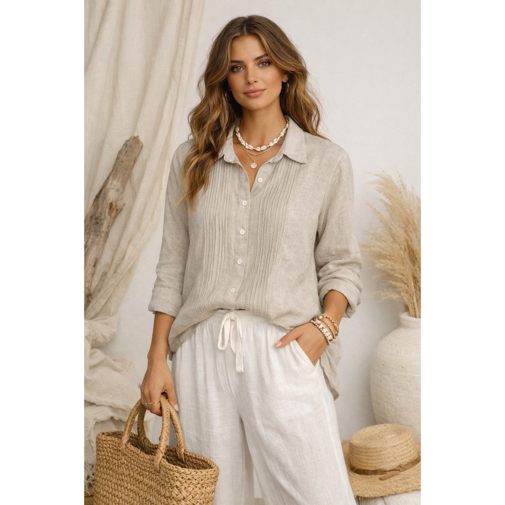 Sartoria Delle Sirene Linen Pintuck Pleat Blouse Top Italy Women's Large